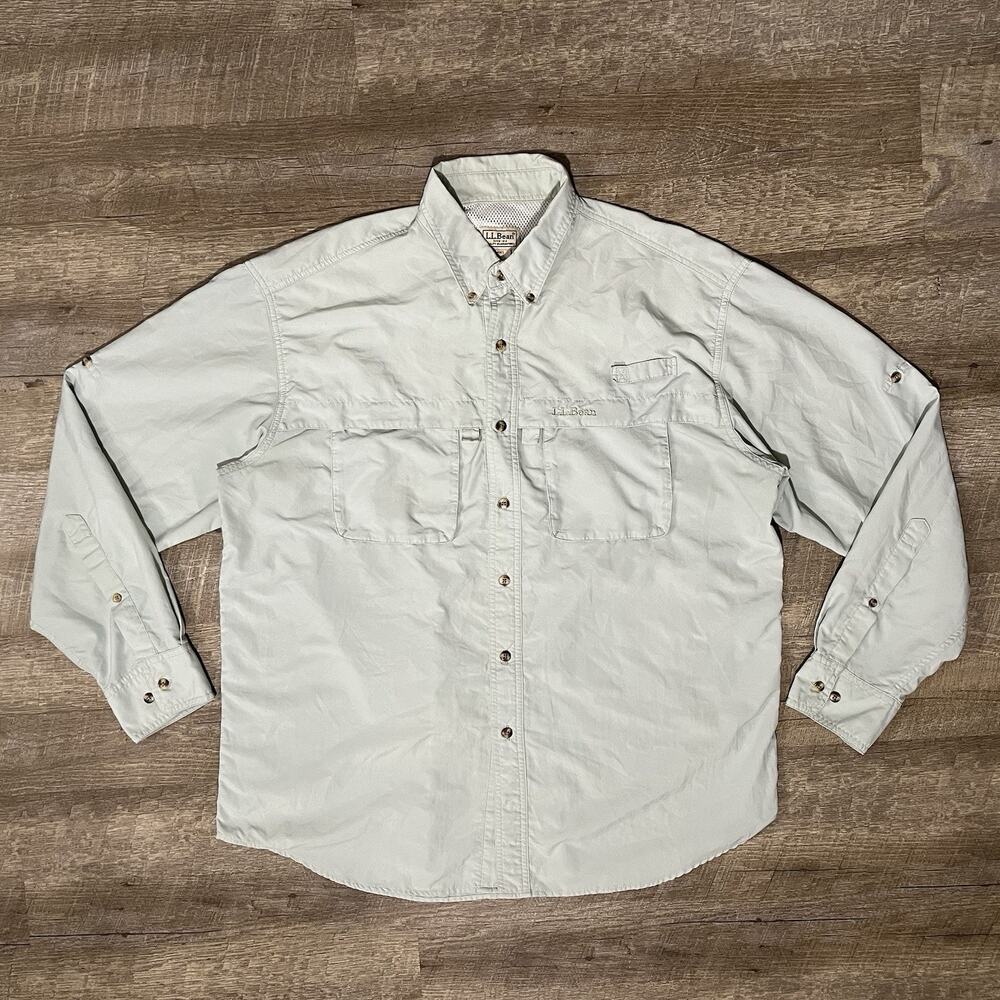 LL Bean Vented Safari Shirt Men's L Green Long Sleeve Fishing Guide